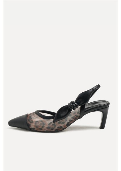 155214 Leopar Desenli Fiyonk Detaylı Topuklu Ayakkabı Siyah Deri/leopar