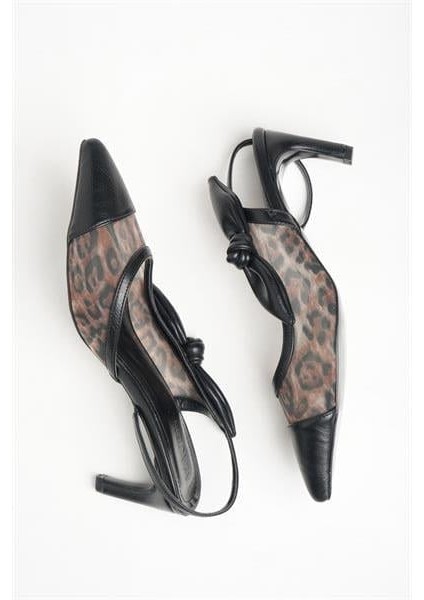 155214 Leopar Desenli Fiyonk Detaylı Topuklu Ayakkabı Siyah Deri/leopar fırsatları