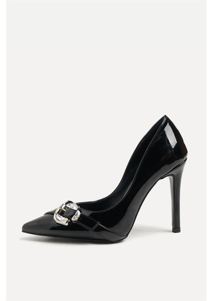 255012 Şık Tokalı Topuklu Ayakkabı Siyah Rugan