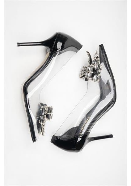 155009 Taş Detaylı Şeffaf Ince Topuklu Siyah Rugan fırsatları