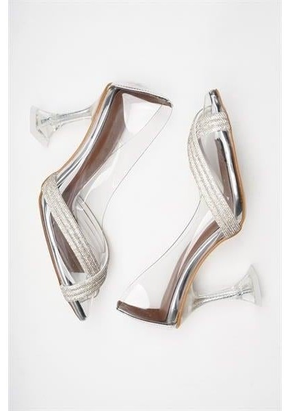 155024 Taşlı Şeffaf Topuklu Ayakkabı Gümüş modelleri