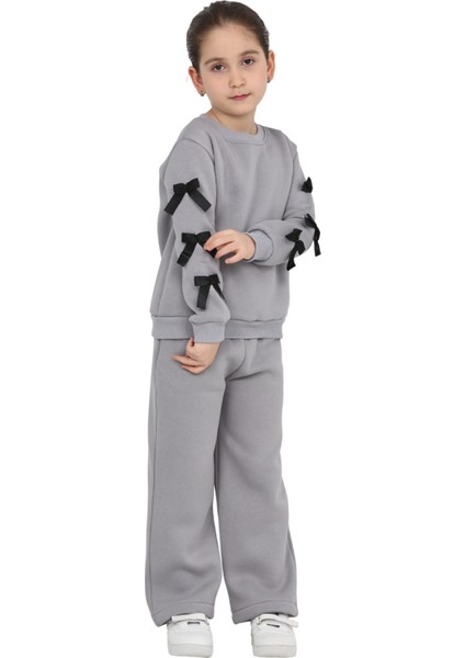 Kız Çocuk 3 Iplik Şardonlu Kurdele Detaylı Basic Sweatshirt-Bol Kesim Eşofman Takım