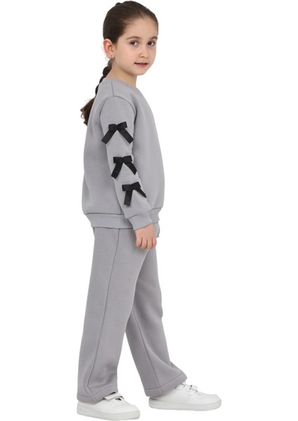 Kız Çocuk 3 Iplik Şardonlu Kurdele Detaylı Basic Sweatshirt-Bol Kesim Eşofman Takım fiyatları