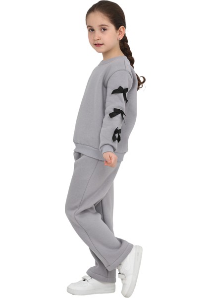 Kız Çocuk 3 Iplik Şardonlu Kurdele Detaylı Basic Sweatshirt-Bol Kesim Eşofman Takım modelleri