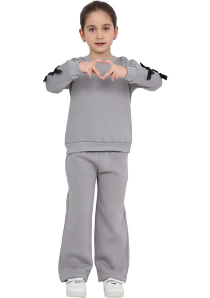 Kız Çocuk 3 Iplik Şardonlu Kurdele Detaylı Basic Sweatshirt-Bol Kesim Eşofman Takım fırsatları