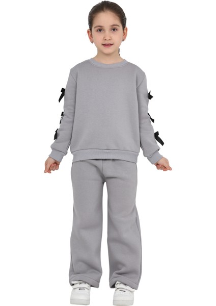 Kız Çocuk 3 Iplik Şardonlu Kurdele Detaylı Basic Sweatshirt-Bol Kesim Eşofman Takım indirimleri