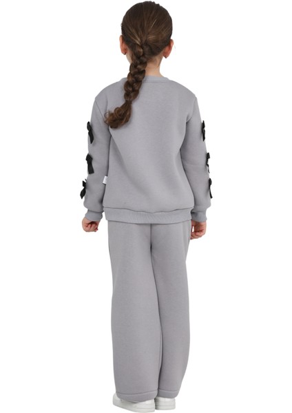 Kız Çocuk 3 Iplik Şardonlu Kurdele Detaylı Basic Sweatshirt-Bol Kesim Eşofman Takım