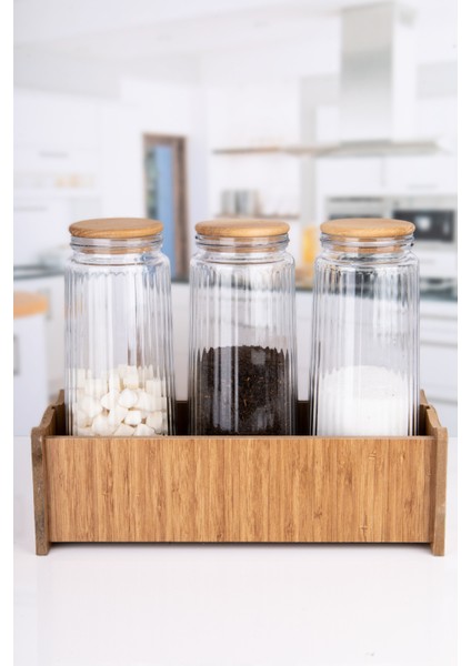 3 Lü Ahşap Stantlı Jumbo Boy Ahşap Vakumlu Kapaklı Cam Erzak Kavanozu Saklama Kabı 1500 ml