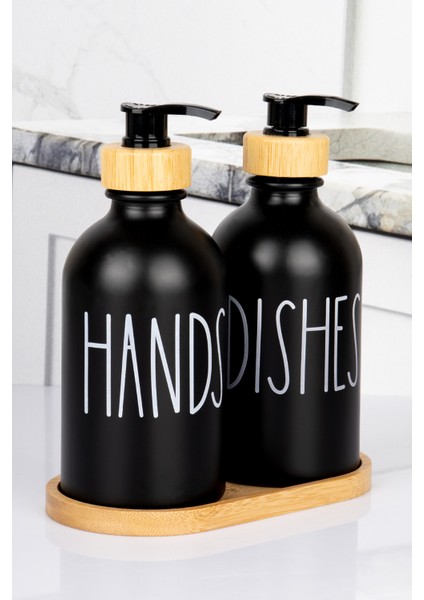 2'li Bambu Altlıklı Bambu Pompalı Sabunluk Deterjanlık 350 ml Oval Cam