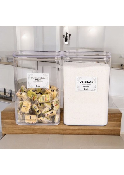 2 Adet Vakum Kapaklı Tablet ve Deterjan Etiketli Ölçek Hediyeli Saklama Kabı Kavanoz 3 Litre