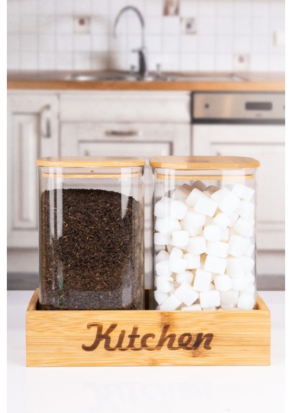 Bambu Standlı 2'li Kare Borosilikat Cam Çay Şeker Kahve Kavanozu 1200 ml