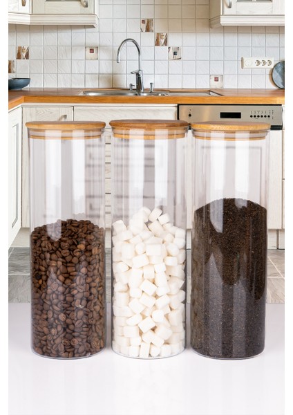 3 Lü Jumbo Boy Borosilikat Cam Bambu Vakum Kapaklı Spagetti Erzak Kavanozu 2200 ml