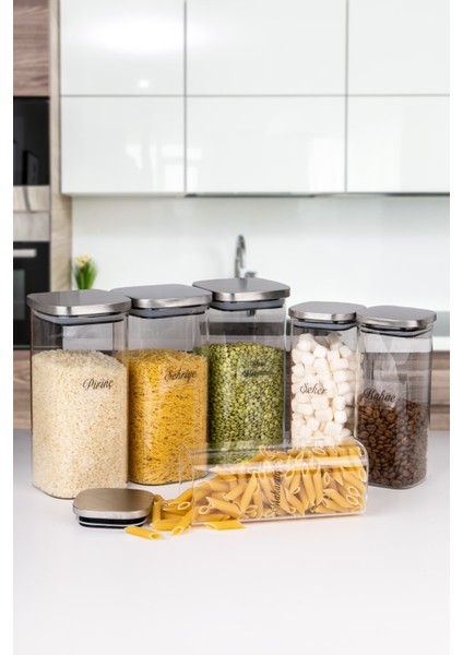 6 Lı 2 Boy 800 - 1600 ml Borosilikat Cam Kavanoz Vakumlu Metal Kapaklı Erzak Saklama Kabı Etiketli