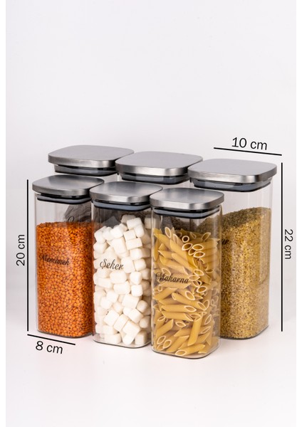 6 Lı 2 Boy 800 - 1600 ml Borosilikat Cam Kavanoz Vakumlu Metal Kapaklı Erzak Saklama Kabı Etiketli fiyatları