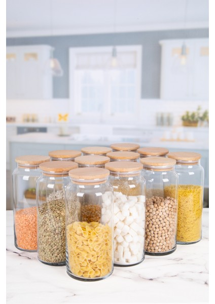 12'li Vakum Kapaklı Cam Kavanoz Erzak Kabı 1400 ml 111 Adet Etiket Hediyelii