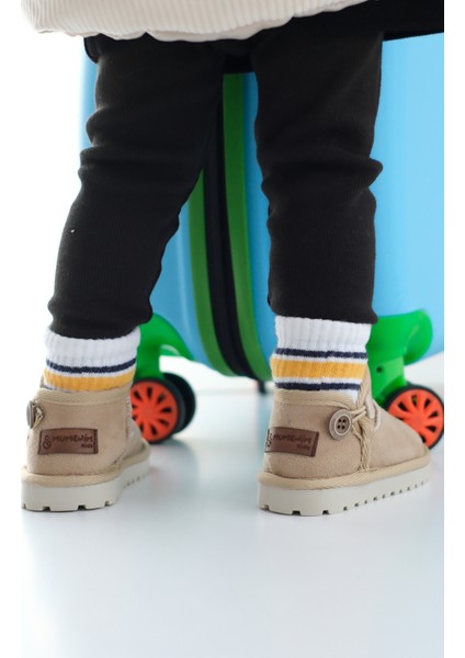 Kodiaq Unisex Çocuk ve Bebek Kışlık Süet Bej Bot | Ortopedik Kaymaz Taban, Sıcak Tutan Kürklü Bot