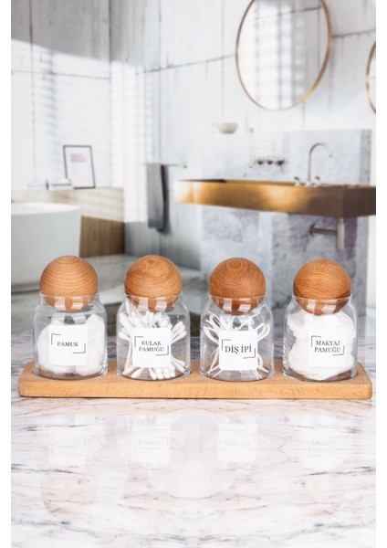 4'lü Ahşap Top Kapaklı Standlı Vakumlu Bambu Kapaklı Cam Kavanoz Banyo Pamuk Kavanoz Seti 300 ml modelleri