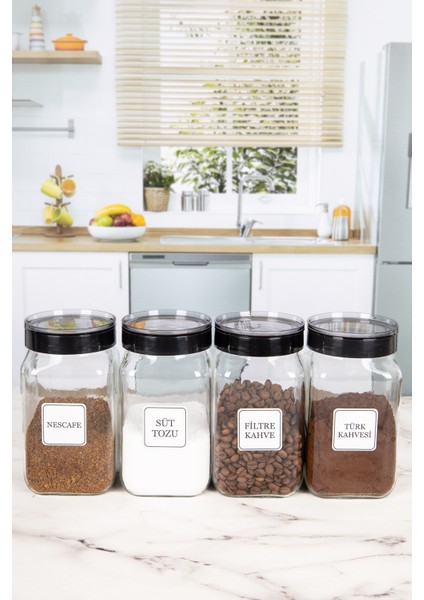 4'lü Vakumlu Kapaklı Cam Etiketli Türk Kahvesi Filtre Kahve Süt Tozu Nescafe Kavanozu