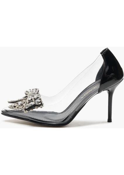 155009 Taş Detaylı Şeffaf Ince Topuklu Siyah Rugan