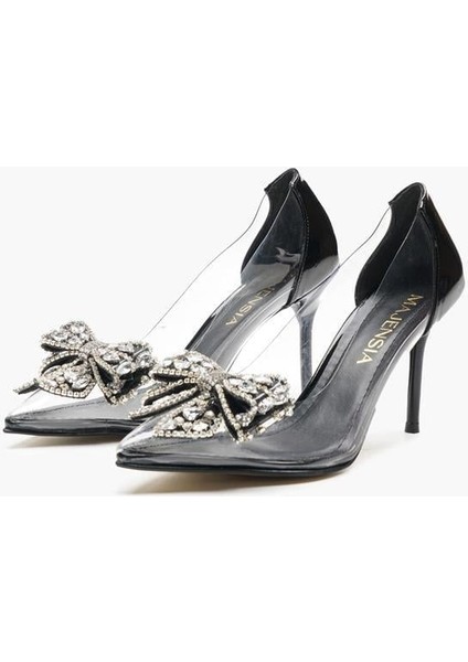 155009 Taş Detaylı Şeffaf Ince Topuklu Siyah Rugan fiyatları