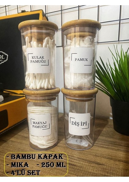 4'lü Bambu Kapaklı Akrilik Diş Ipi & Kulak Pamuğu & Pamuk & Makyaj Pamuğu Banyo Seti 250 ml