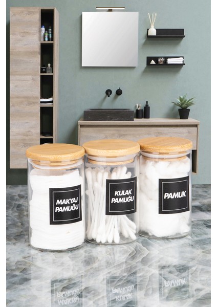 3'lü Bambu Vakumlu Kapaklı Kulak Pamuğu Makyaj Pamuğu ve Pamuk Kavanozu Pamukluk Seti 250 ml modelleri