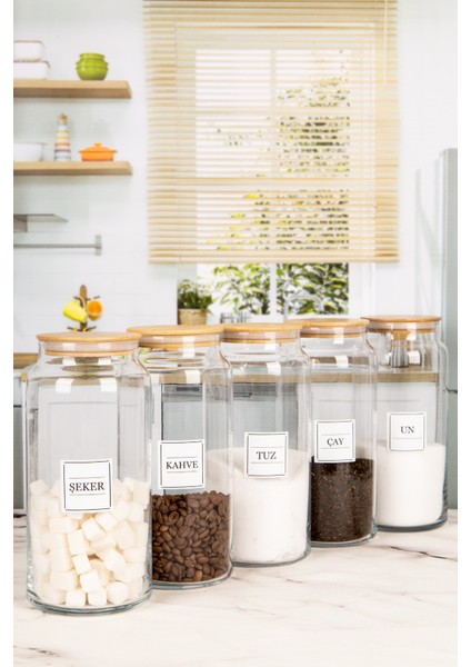 5’li Dekoratif Mutfak Düzenleyici Vakumlu Bambu Kapaklı Cam Erzak Kavanozu 1440 ml