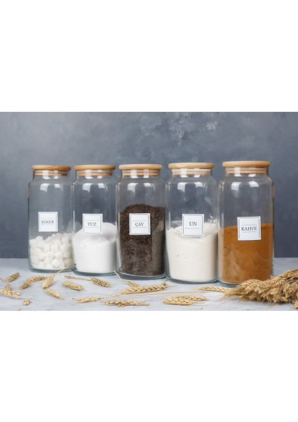 5’li Dekoratif Mutfak Düzenleyici Vakumlu Bambu Kapaklı Cam Erzak Kavanozu 1440 ml modelleri