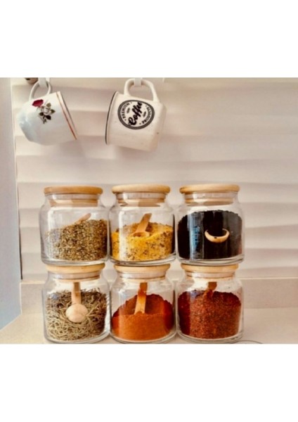 6'lı Vakum Kapaklı Kaşıklı 500 ml Cam Kavanoz Erzak Kabı ve 111 Adet Etiket