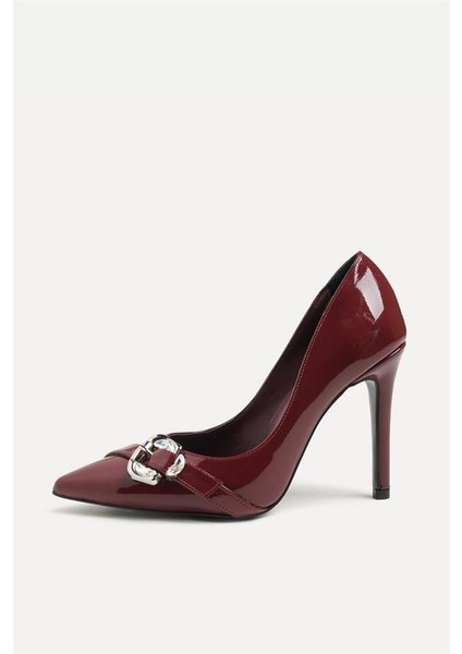 255012 Şık Tokalı Topuklu Ayakkabı Bordo Rugan