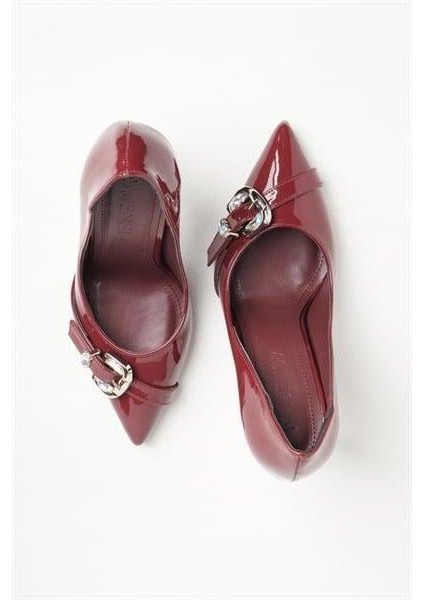 255012 Şık Tokalı Topuklu Ayakkabı Bordo Rugan modelleri