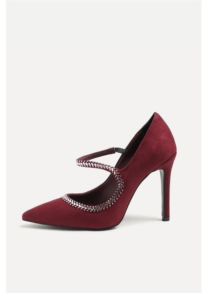 255017 Taşlı Stiletto Bordo Süet