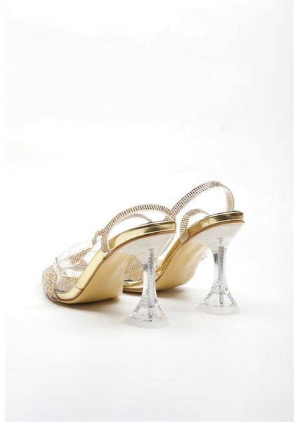 155023 Parıltılı Taşlı Topuklu Ayakkabı Altın modelleri