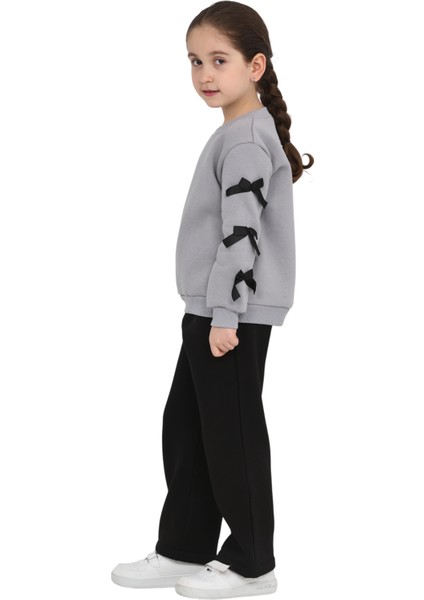 Kız Çocuk 3 Iplik Şardonlu Kurdele Detaylı Basic Sweatshirt-Bol Kesim Eşofman Takım modelleri