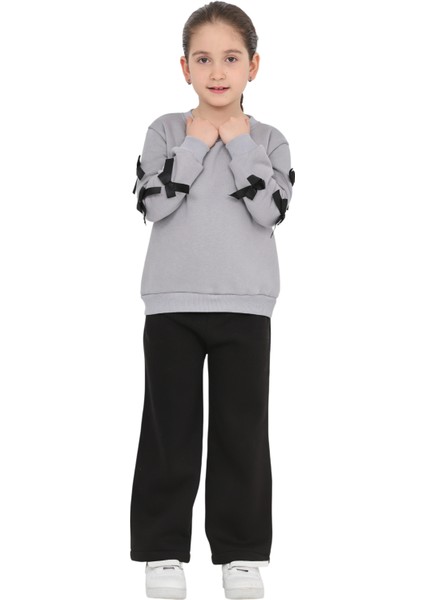 Kız Çocuk 3 Iplik Şardonlu Kurdele Detaylı Basic Sweatshirt-Bol Kesim Eşofman Takım fırsatları