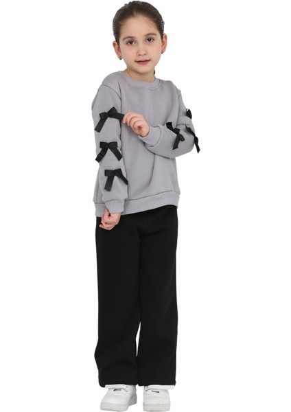 Kız Çocuk 3 Iplik Şardonlu Kurdele Detaylı Basic Sweatshirt-Bol Kesim Eşofman Takım indirimleri