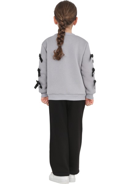 Kız Çocuk 3 Iplik Şardonlu Kurdele Detaylı Basic Sweatshirt-Bol Kesim Eşofman Takım