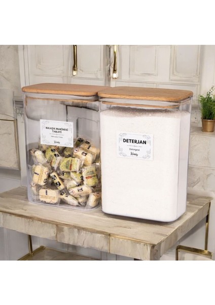 2'li Ahşap Vakumlu Kapaklı Tablet ve Toz Deterjan Etiketli Kutu Akrilik 3 Litre