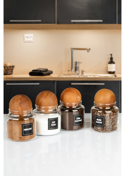 4'lü Ahşap Top Kapaklı Filtre Kahve, Türk Kahvesi, Nescafe, Süt Tozu Kavanozu 600 ml Cam Kavanoz