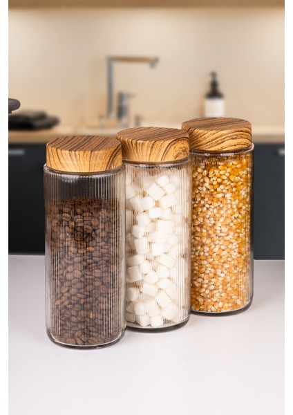 3 Adet Ahşap Görünümlü Kapaklı Cam Kavanoz ve Erzak Saklama Kabı 1500 ml