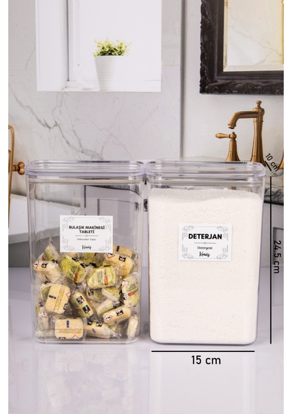2 Adet Vakumlu Kapaklı Tablet ve Toz Deterjan Etiketli Kutu Akrilik 3 Litre modelleri