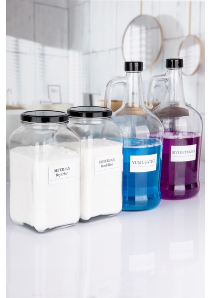 Dekoratif Cam 4'lü Yumuşatıcı ve Sıvı Deterjan Şişesi 3 Lt ve Deterjan Whites Colors Kavanozu 3 Lt modelleri