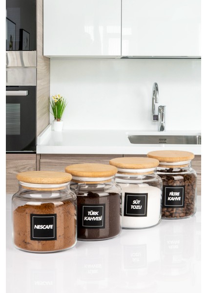 4'lü Ahşap Vakumlu Kapaklı Filtre Kahve, Türk Kahvesi, Nescafe, Süt Tozu Kavanozu 600 ml Cam Kavanoz