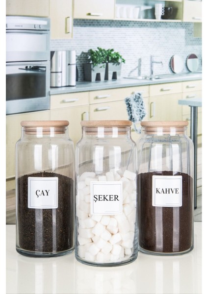3'lü Ahşap Kapaklı Etiketli Çay Şeker Kahve Cam Kavanoz Saklama Kabı 1300 ml