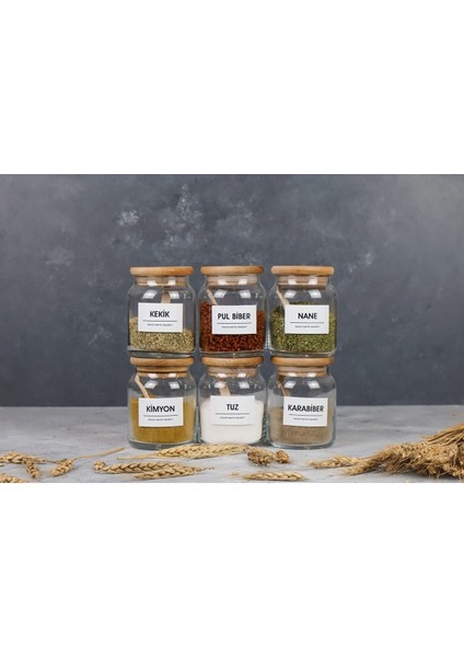 6'lı Vakum Kapaklı Kaşıklı 300 ml Cam Kavanoz Erzak Kabı Baharatlık Etiket Hediyeli
