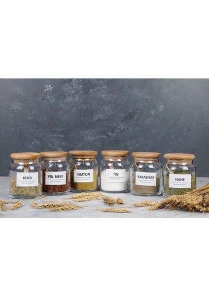 6'lı Vakum Kapaklı Kaşıklı 300 ml Cam Kavanoz Erzak Kabı Baharatlık Etiket Hediyeli fiyatları
