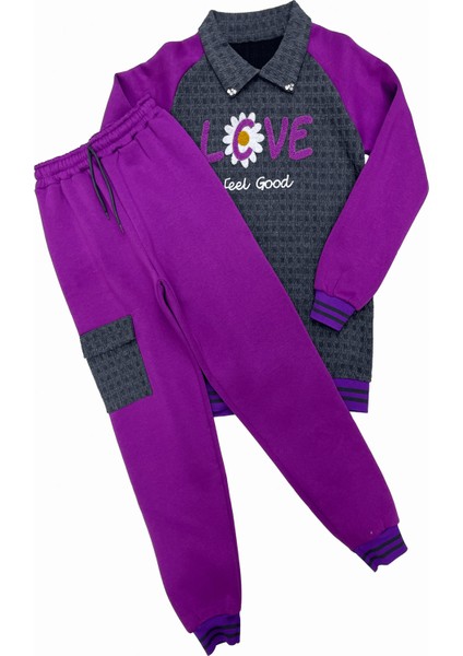 Kız Çocuk Kargo Cepli Gömlek Yakalı ve Yaka Taşlı 3 Iplik Alt Üst Takım 12328