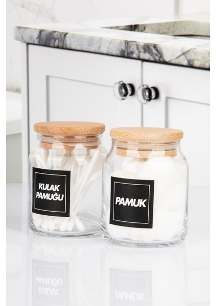 2li Ahşap Vakumlu Kapaklı Kulak Pamuğu ve Pamuk Kavanozu Pamukluk 300 ml