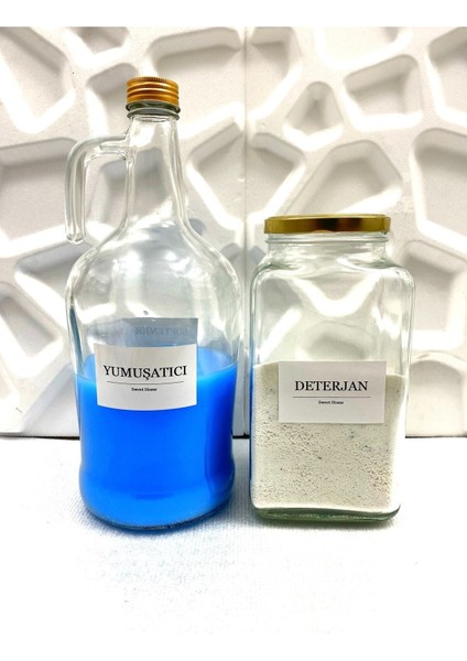 Dekoratif Cam 2'li Yumuşatıcı Şişesi 3 Lt ve Deterjan Kavanozu 3 Lt modelleri