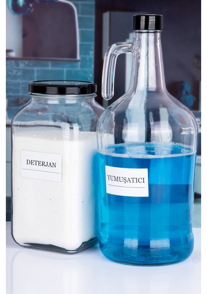 Dekoratif Cam 2'li Yumuşatıcı Şişesi 3 Lt ve Deterjan Kavanozu 3 Lt